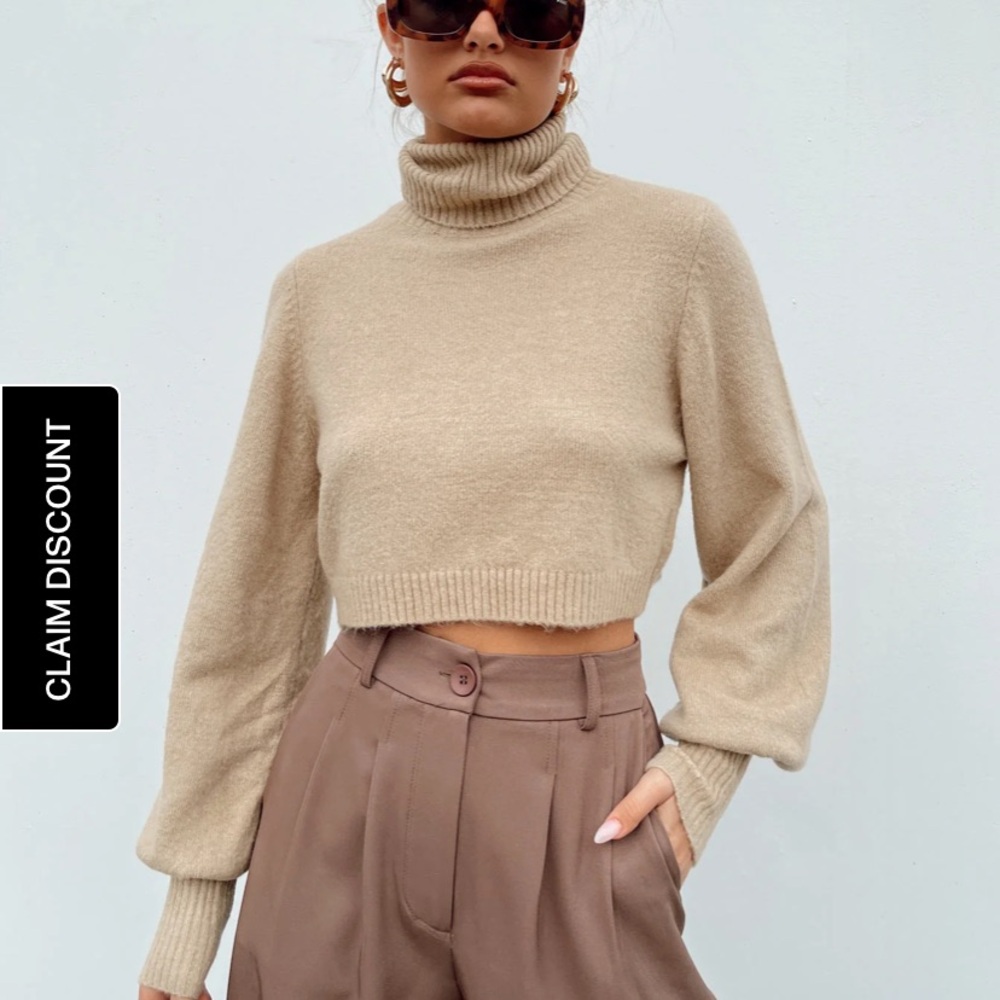 Princess Polly Zahara Cropped Turtleneck Sweater Beige